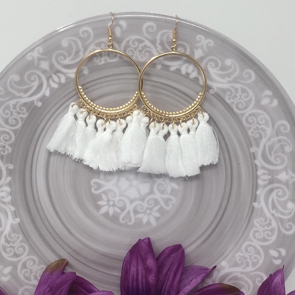 Jewelry - Boho White Tasseled Gold Hoop Earrings